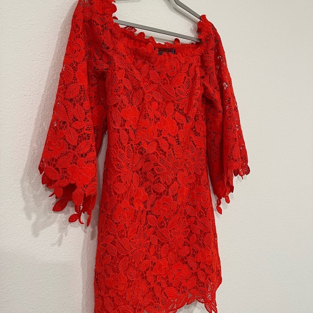 NWT FREE PEOPLE | Dusk Off The Shoulder Lace Dress in Fiesta Red | Size 8 - Picture 4 of 11